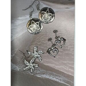 3 Pair Earrings Lot Beach Starfish Dolphins Sand Dollars Silver Tone Pierced Ear